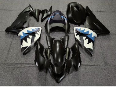 2004-2005 Matte Black and Light Blue Shark Kawasaki ZX10R Motorcycle Fairing