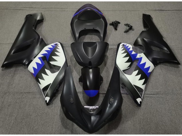 2005-2006 Matte Black and Blue Shark Kawasaki ZX6R Motorcycle Fairing