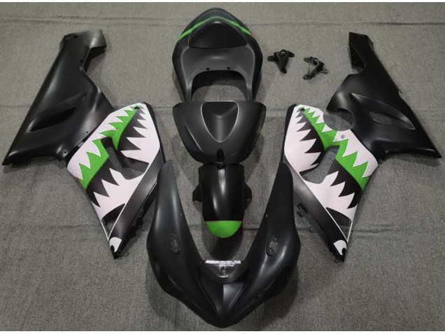 2005-2006 Matte Black and Green Shark Kawasaki ZX6R Motorcycle Fairing 2005-2006 Matte Black and Green Shark Kawasaki ZX6R Motorcycle Fairing