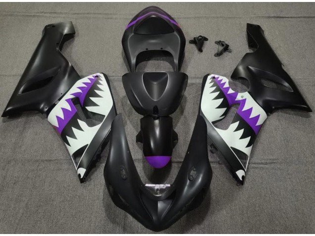 2005-2006 Matte Black and Purple Shark Kawasaki ZX6R Motorcycle Fairing